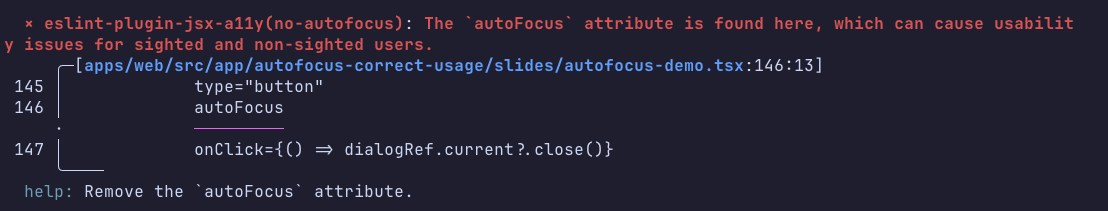 oxlint jsx-a11y/no-autofocus の警告出力