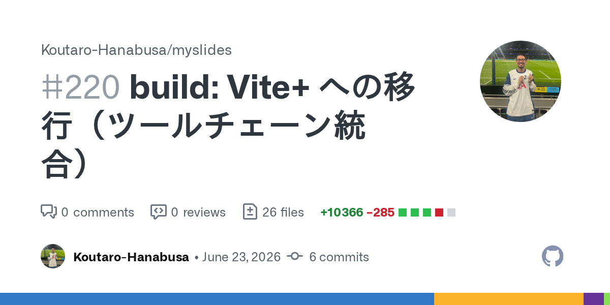 mySlides を Vite+ へ移行した PR #220(build: Vite+ への移行・ツールチェーン統合、26 files・+10366 -285)